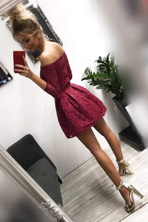 Musebridals.com offer Off-the-Shoulder Long Sleeves Burgundy Lace Homecoming Dress, MH459