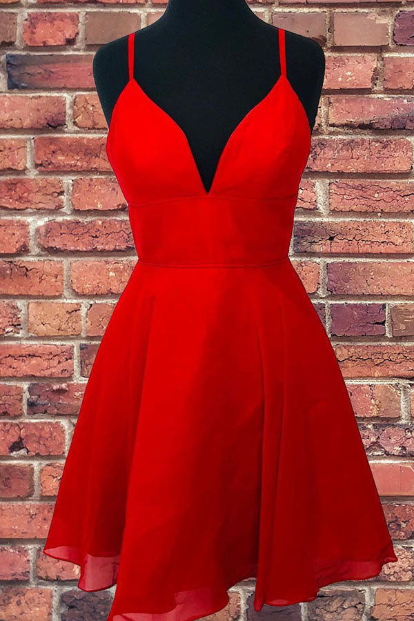Straps A-Line Chiffon Red Short Dress Homecoming Dresses, MH461|musebridals.com