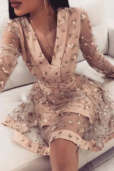 Cute Pink Long Sleeve V-neck Above Knee Homecoming Dresses with Flowers,MH467|musebridals.com