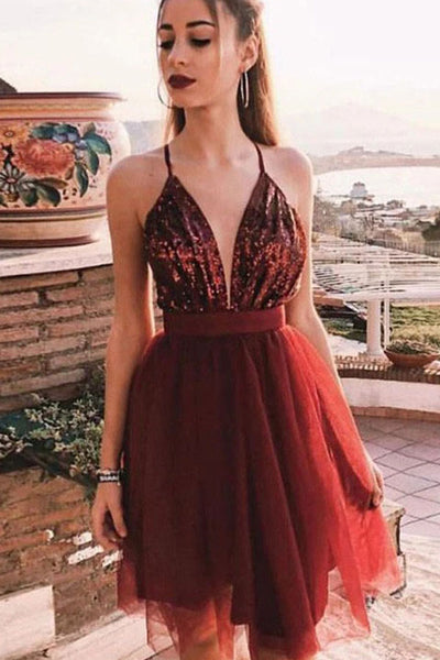 Spaghetti Straps V-Neck Burgundy Tulle Homecoming Dresses with Sequins,MH469|musebridals.com