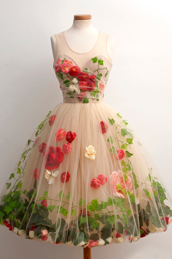 A-Line Scoop Knee-Length Champagne Homecoming Dress with Red Flowers,MH476 – Musebridals