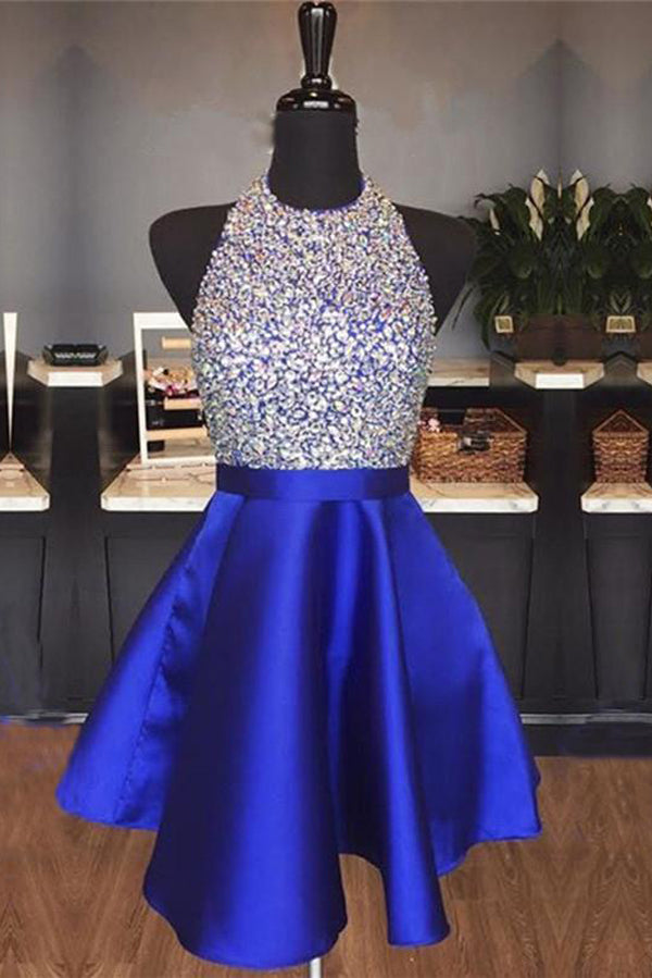 Royal Blue Satin Backless Jewel Halter Sequins Crystal Homecoming Dresses,MH477