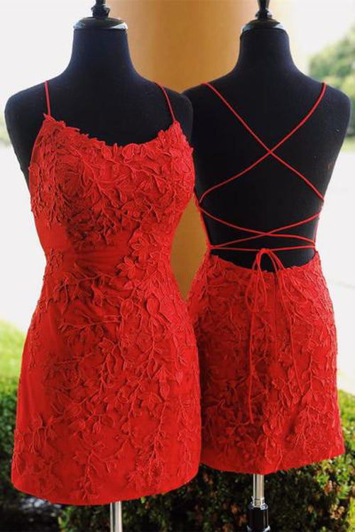 Musebridals.com offer Sheath Spaghetti Straps Cross Back Red Lace Short Homecoming Dresses,MH479