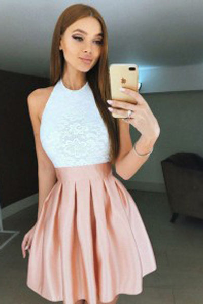 Formal A-Line Halter White Lace Blush Satin Short Homecoming Dresses,MH481|musebridals.com