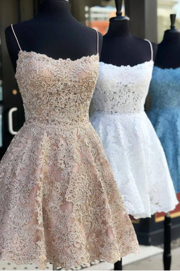 Tulle A-line Lace Appliques Spaghetti Straps Homecoming Dresses ,MH486|musebridals.com