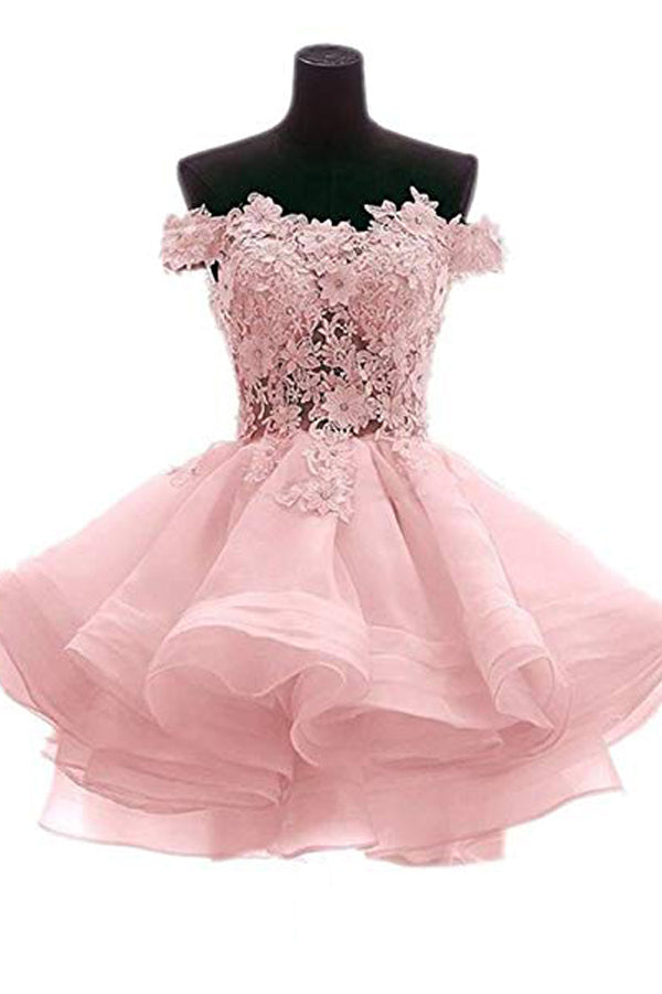 Off The Shoulder Pink Lace Short Prom Dresses Sweetheart Homecoming Dresses,MH489 – Musebridals