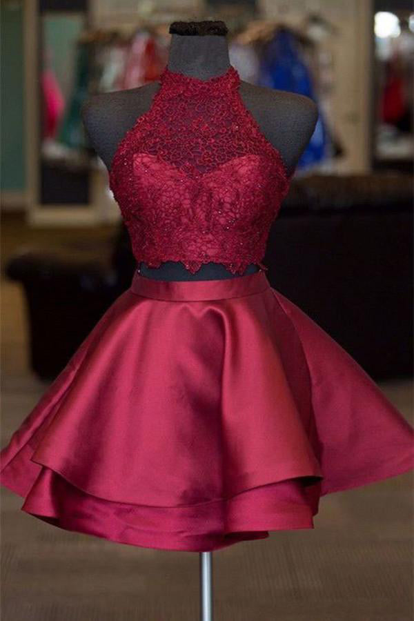 Burgundy Two Piece A-line Satin Short Prom Dresses Homecoming Dress, MH494