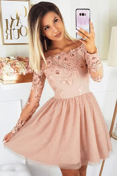 Musebridals.com offer Off The Shoulder Long Sleeve Lace A-line Tulle Homecoming Dresses,MH500