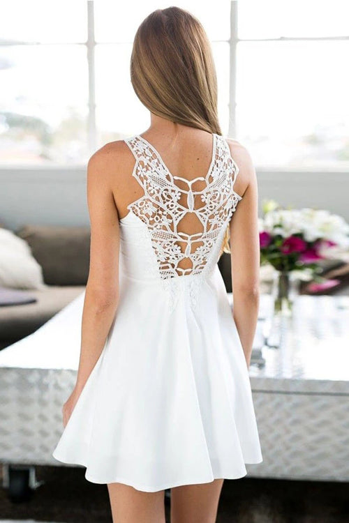 Musebridals.com offer A-Line Jewel Short White Satin Sleeveless Homecoming Dress with Lace,MH504