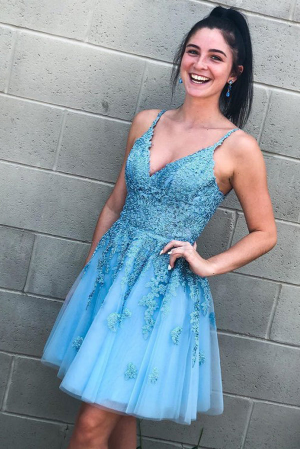 Spaghetti Strap Light Blue Lace homecoming Dress Open Back Hoco Dress,MH505|musebridals.com