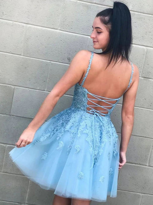 Musebridals.com offer Spaghetti Strap Light Blue Lace homecoming Dress Open Back Hoco Dress,MH505