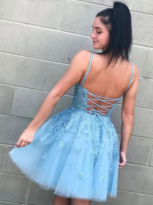 Spaghetti Strap Lace Tulle Light Blue Homecoming Dress Open Back Hoco Dress,MH505 – Musebridals