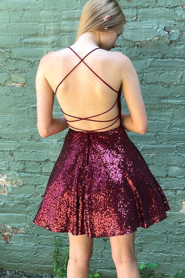 dark red homecoming dress Spaghetti Strap Red sparkly with Tiered Skirt, Sequins Lace Applique, and Short Prom Formal Gown will bring a charming and sophisticated look Cheap Simple Off Shoulder Dark