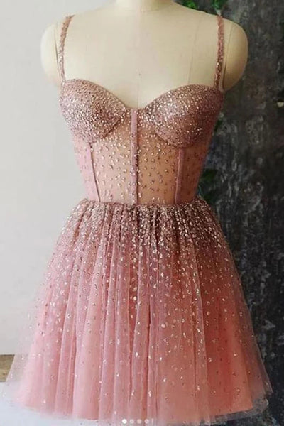 Spaghetti Straps A-line Sweetheart Tulle Beads Homecoming Dresses Short Prom Dresses,MH509|musebridals.com