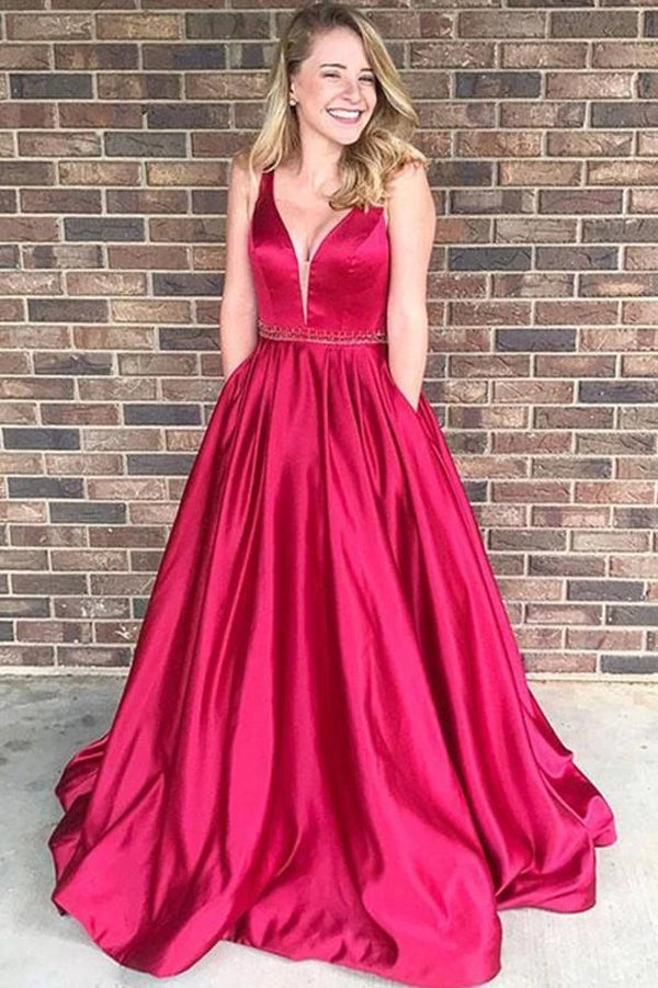 Fabulous Red Satin A line V Neck Long Prom Dress Evening Dresses, MP210