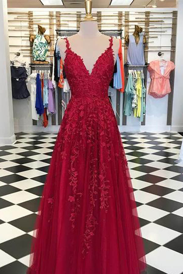 V-neck Sky Blue Lace Prom Dresses Long Rose Red Formal Maxi Dress , MP430