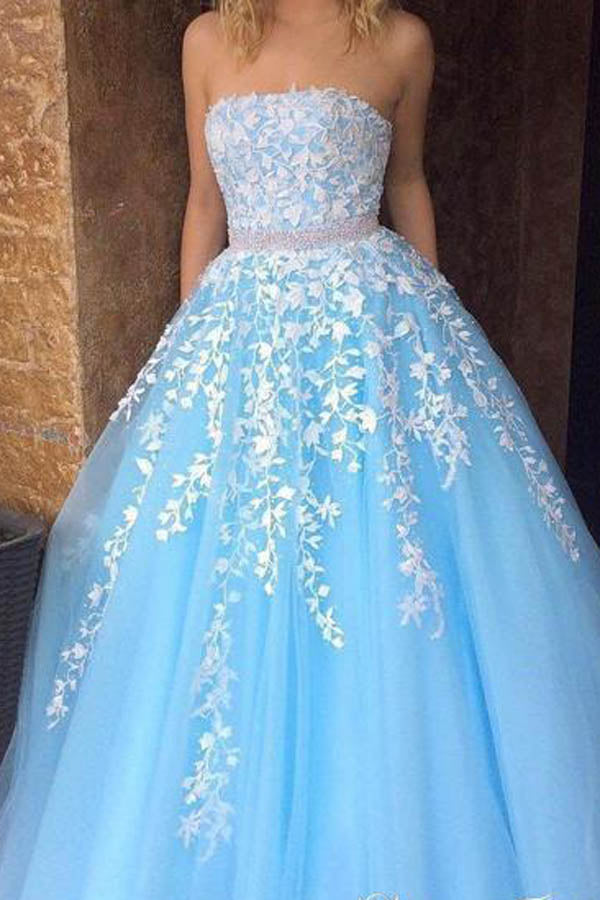 Musebridals.com offer Sky Blue Princess A-line Lace Appliqued Tulle Long Strapless Prom Dresses,MP431