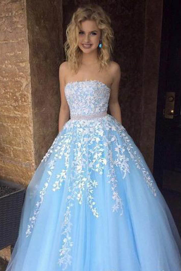 Sky Blue Princess A-line Lace Appliqued Tulle Long Strapless Prom Dresses,MP431