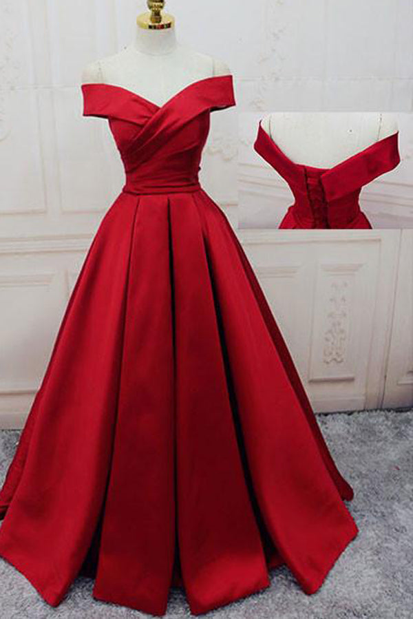 Off-the-shoulder Burgundy Long Satin Prom Dress/Evening Dress,MP437