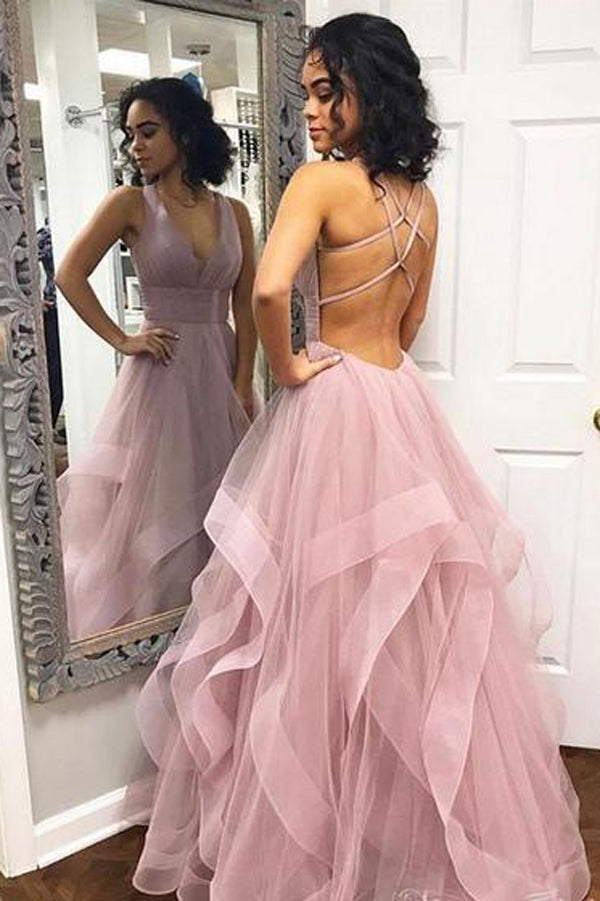 Musebridals.com offer V-neck Simple Dusty Rose Long Prom Dresses with Straps and Ruffle Skirt,MP440