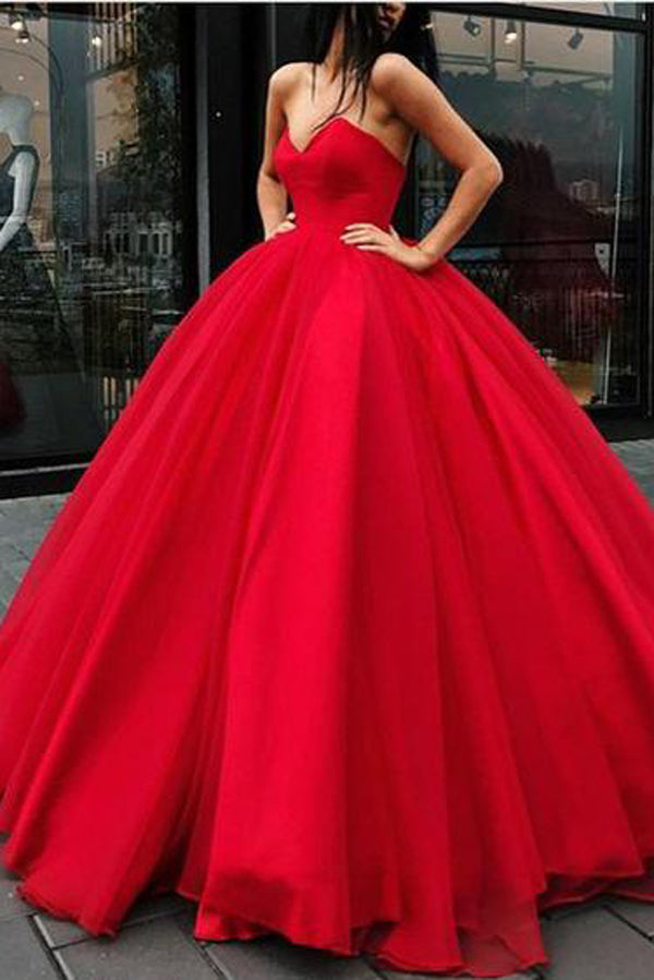 Sweetheart Lace-up Ball Gown Floor-length Red Long Big Prom Dress,MP441|musebridals.com