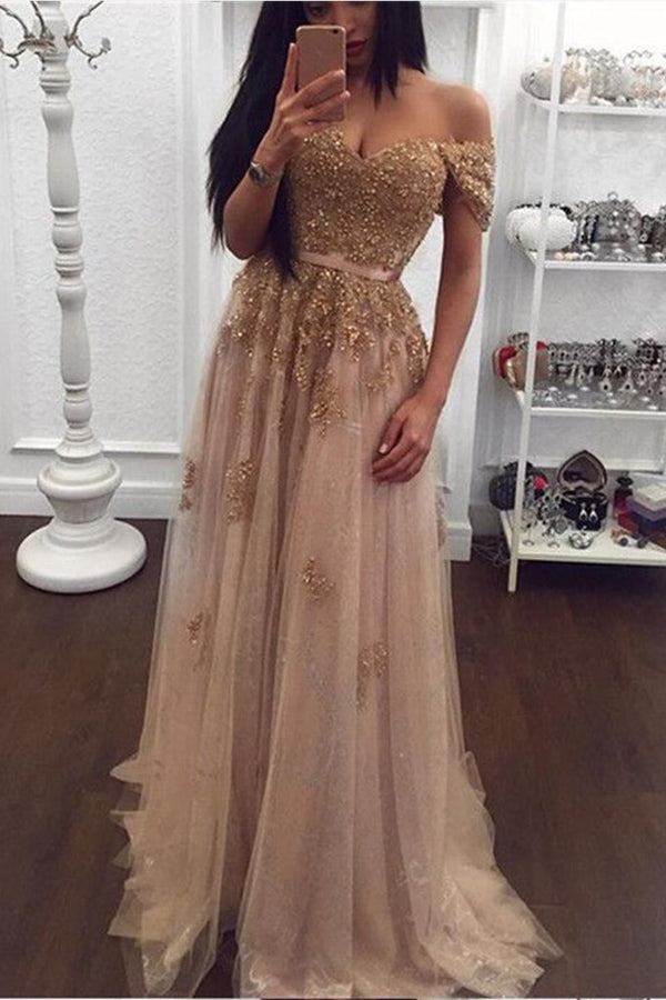 Elegant A-line long prom dresses off-the-shoulder evening dresses,MP442|musebridals.com