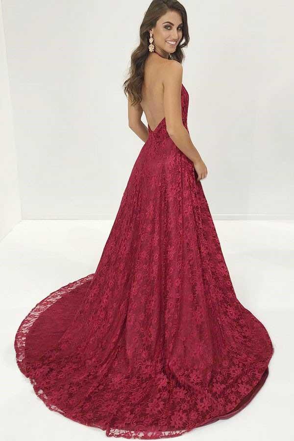 Musebridals.com offer V-Neck Burgundy Deep Lace Sweep Train Backless Long Prom Gown, MP450