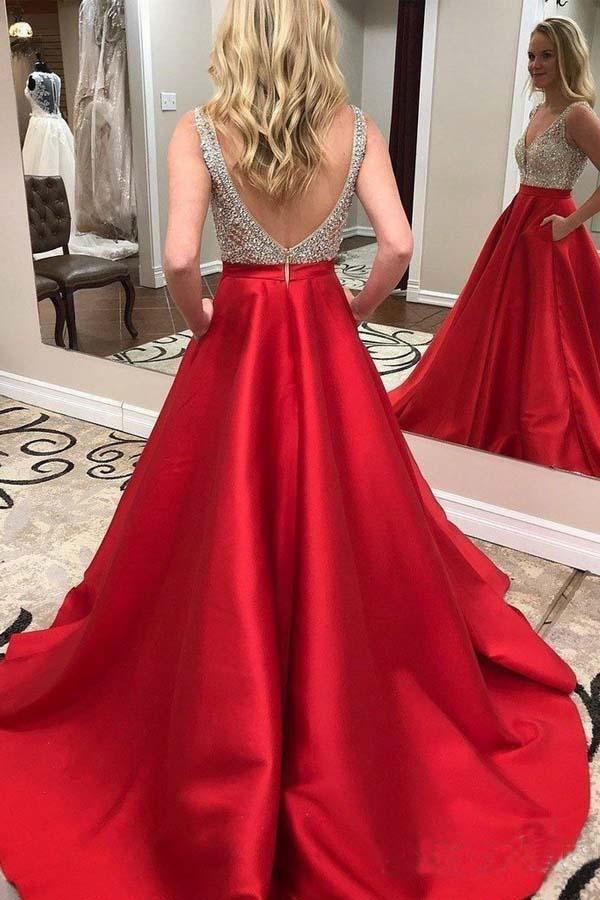 Formal Deep V-Neck Beaded Red Satin Prom Dresses With Pocket,MP452|musebridals.com