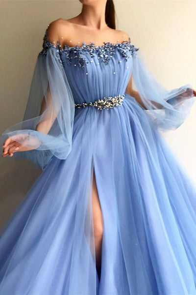 Elegant Off the Shoulder Blue Long Sleeves Beaded Side Slit Prom Dress Musebridals Elegant Off the Shoulder Blue Long Sleeves Beaded Side Slit Prom Dress Musebridals