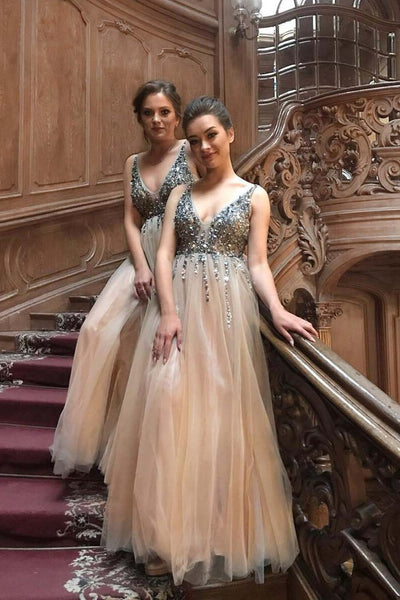 Formal Spaghetti Straps A-line V-Neck Tulle Beading Prom Dresses,MP455|musebridals.com