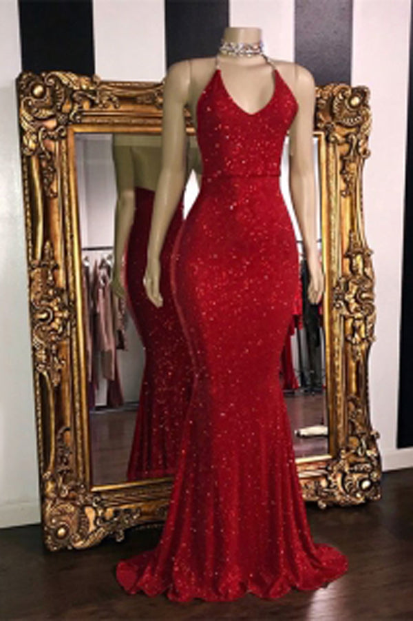 Gorgeous Red Glitter Sequins Prom Dresses Mermaid Halter Evening Gowns,MP460|musebridals.com