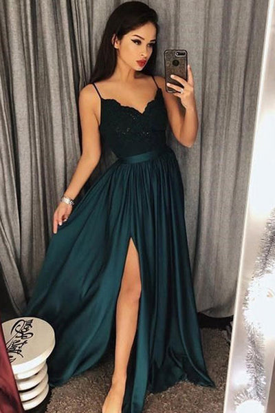 Spaghetti-Straps Dark-Green Prom Dress | Lace Evening Gowns With Slit, MP463|musebridals.com