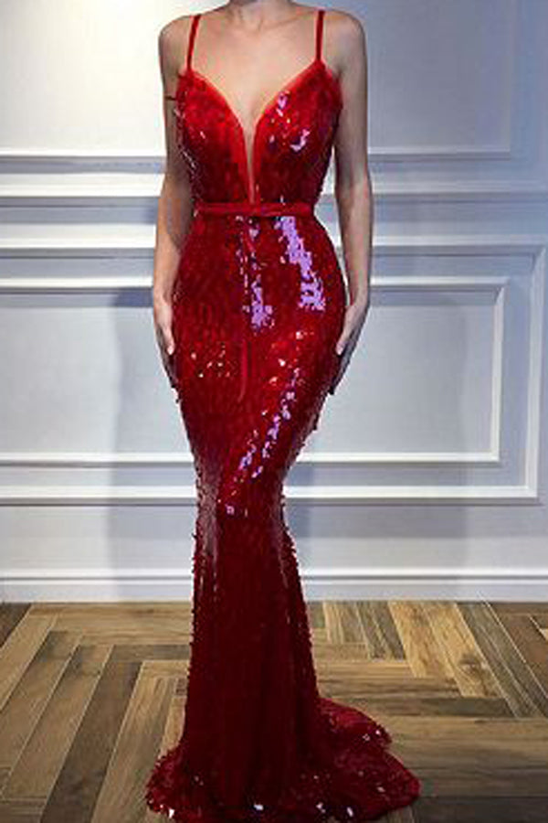 Red Spaghetti-Straps Mermaid 2019 Sequins Sleeveless Evening Gown, MP465|musebridals.com