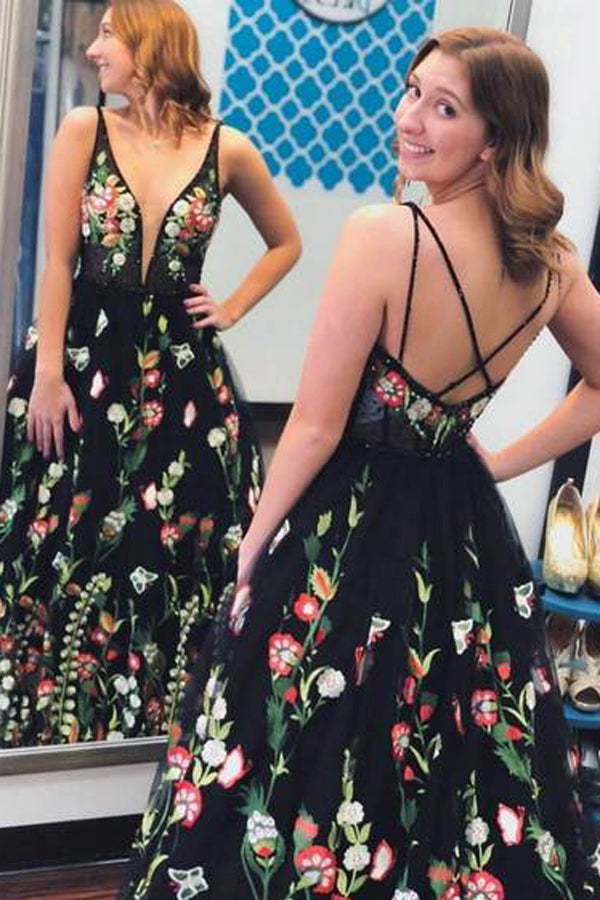 Musebridals.com offer Spaghetti Strap Black Prom Dresses Floral Formal Dress,MP466