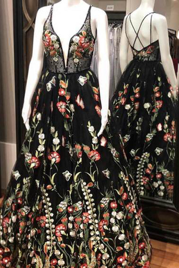 Spaghetti Strap Black Prom Dresses Floral Formal Dress,MP466