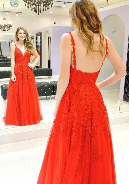 Gorgeous A-Line V-Neck Spaghetti Straps Dark Red Long Prom Dresses with Appliques,MP469