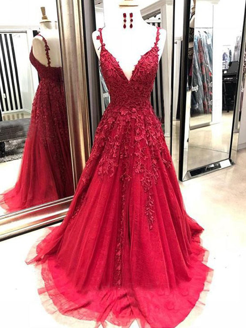 Musebridals.com offer Gorgeous A-Line V-Neck Spaghetti Straps Dark Red Long Prom Dresses with Appliques, MP469