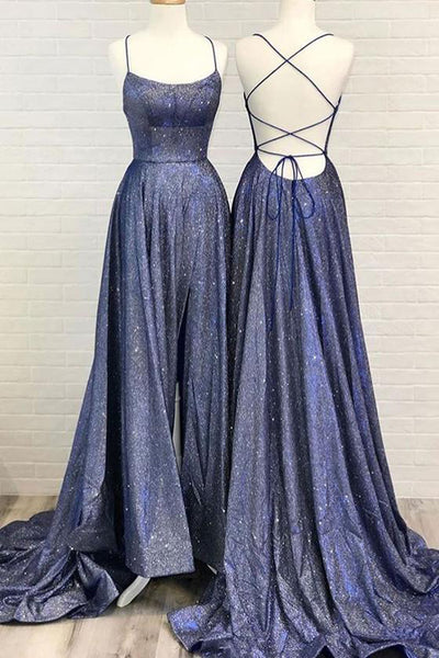 Cute Sparkly Cross Back Navy Blue Long Prom Dresses with Pockets,Split Evening Dresses,MP470|musebridals.com