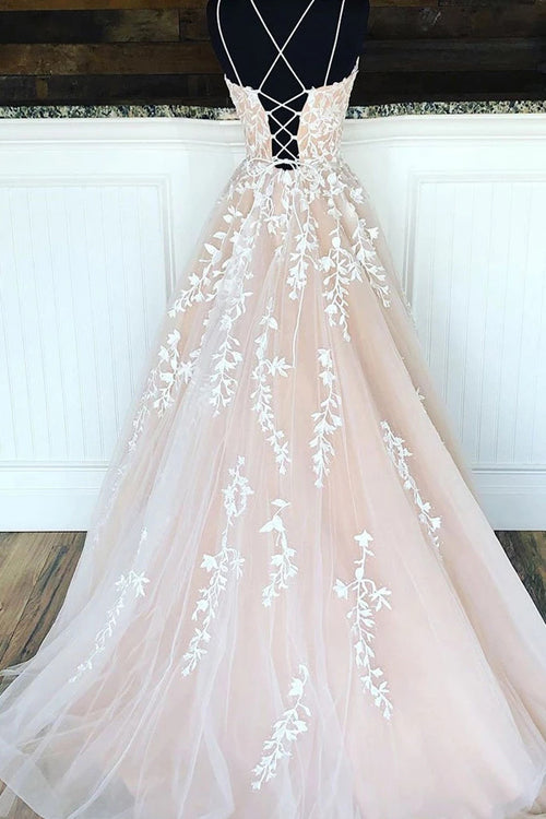 musebridals.com | Charming Tulle Lace A-line Floor Length Prom Dress with Appliques, MP475