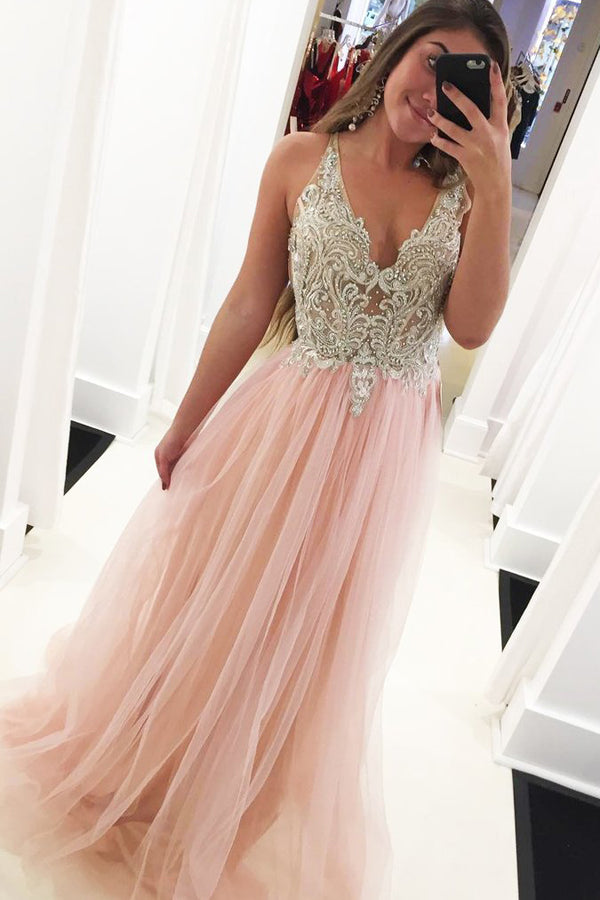 Pink Tulle A-line V-neck Beaded Long Prom Dresses with Appliques, MP476