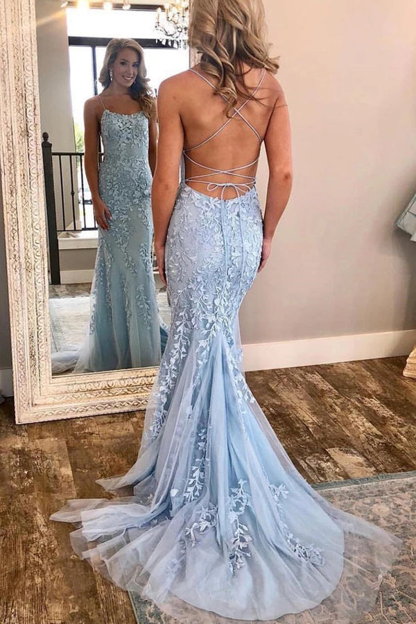 Cute Spaghetti Straps Sky Blue Mermaid Backless Scoop Pageant Prom Dresses,MP480|musebridals.com