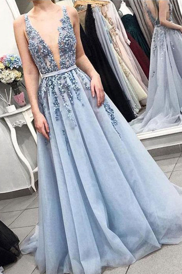 Sleeveless V-neck Backless Light Blue with Lace Appliques Long Prom Dresses,MP481|musebridals.com