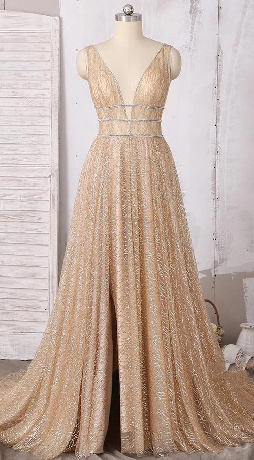Musebridals.com offer A-line Deep V-neck Sleeveless Sequins Floor-length Prom Dresses, Long Evening Dresses,MP482