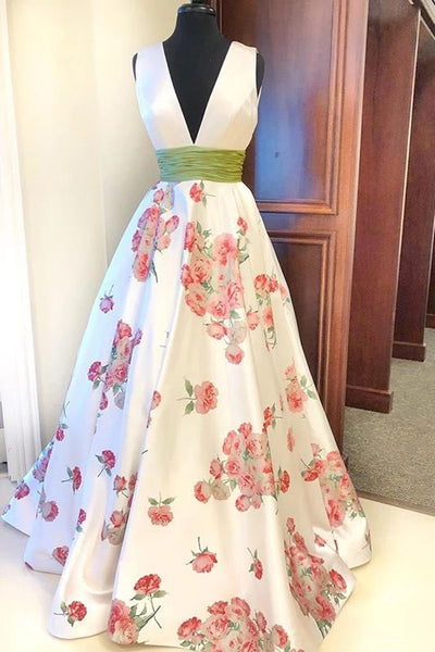 Straps Floral Print A-line V-neck Ivory Prom Dresses, Long Evening Dresses,MP484|musebridals.com