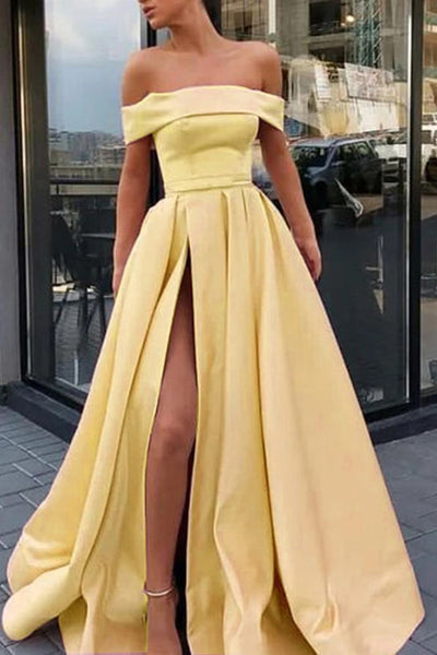 Musebridals.com offer Off the Shoulder A-line Satin High Slit Yellow Prom Dresses, Long Formal Dresses,MP485