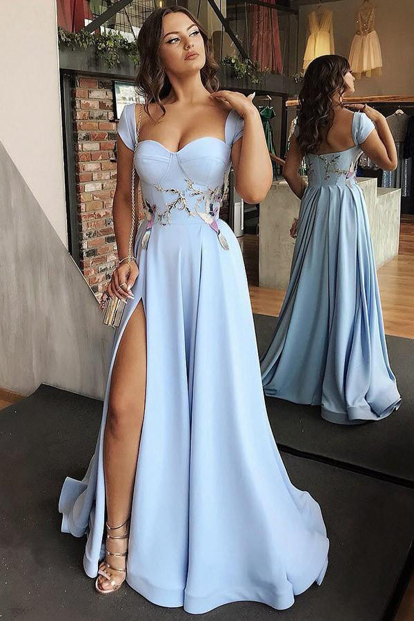Cheap Satin Sweetheart Neck Prom Dresses High Slit Sky Blue Evening Gown,MP489|musebridals.com