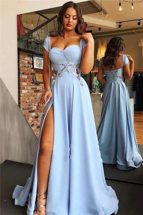Musebridals.com offer Cheap Satin Sweetheart Neck Prom Dresses High Slit Sky Blue Evening Gown,MP489