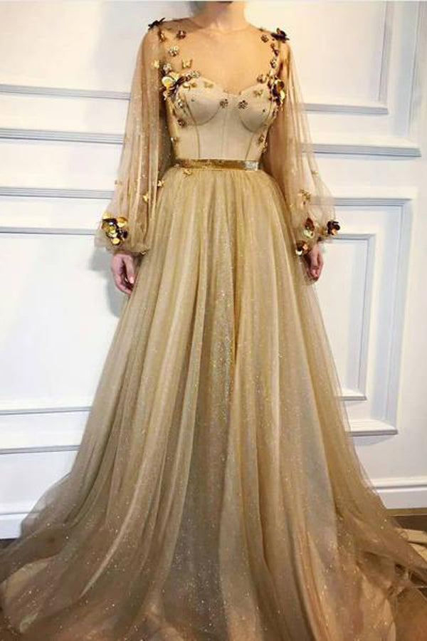Musebridals.com offer Chic Long Prom Dresses Floral Applique Golden Rhinestone Evening Dress,MP491