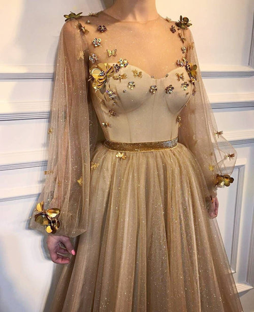Chic Long Prom Dresses Floral Applique Golden Rhinestone Evening Dress – Musebridals