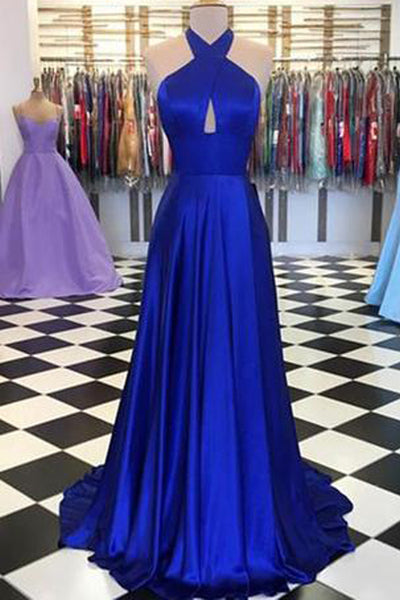 Royal Blue Round Neck Satin Prom Dresses A-line Long Formal Dress,MP492|musebridals.com